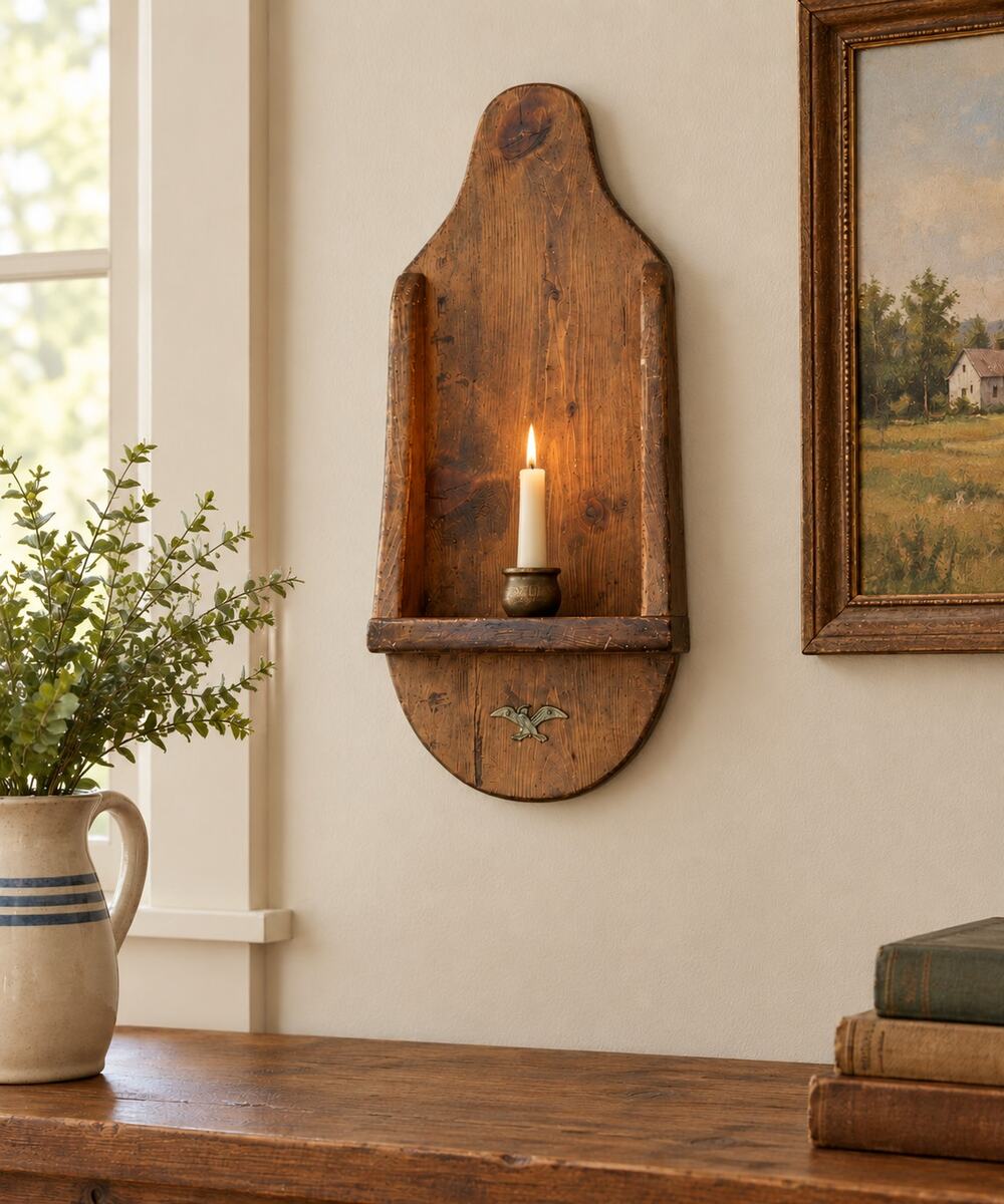 Vintage Colonial Pine Wall Candle Sconce Brass Federal Eagle Hooded Chimney